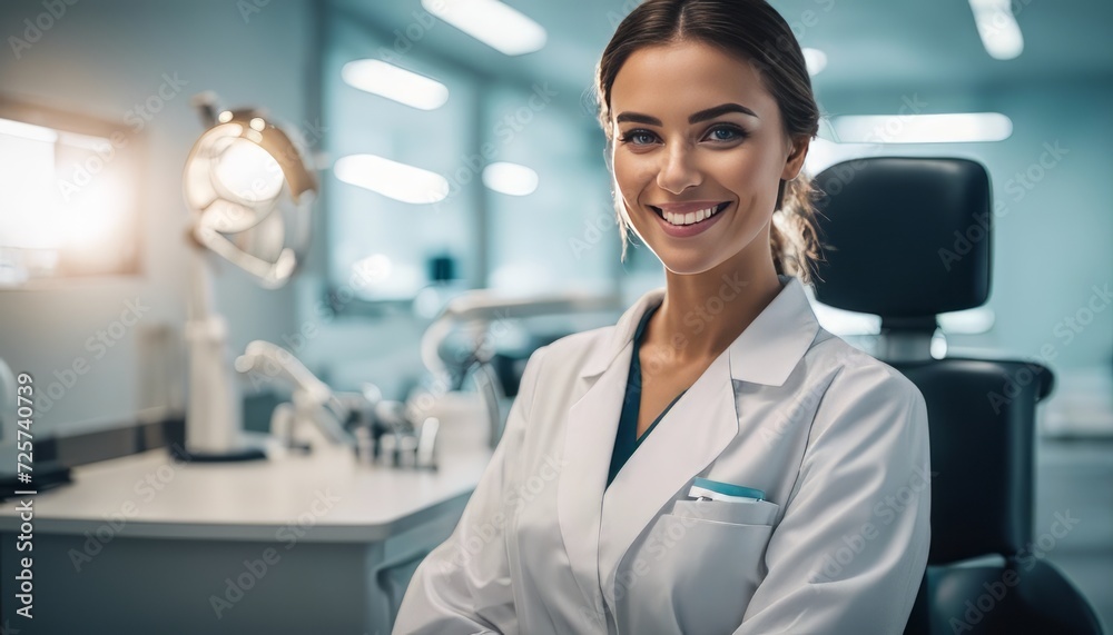 potrait Young female happy dentist at his office potrait Young female happy dentist at his office