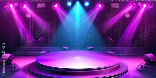 Festive empty purple stage or podium for product presentation, background with shiny glow beams lights