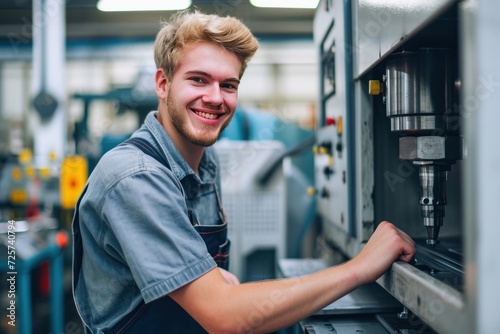 A smiling, good-looking trainee stands in front of a CNC machine at a factory.