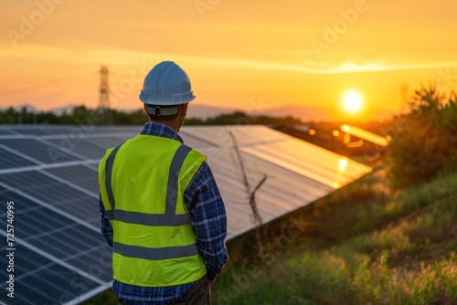 Back of engineer looking at solar panels on hill during sunset © venusvi