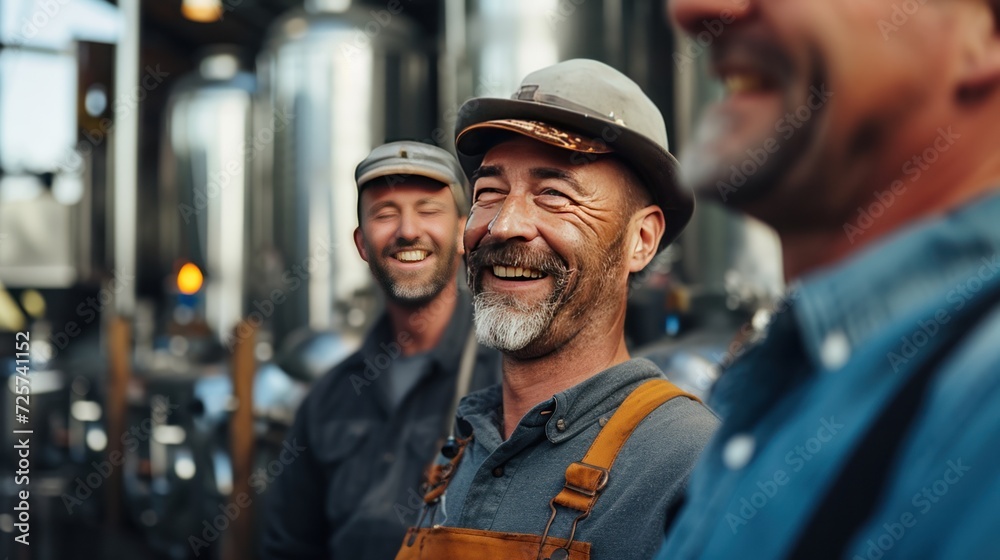 Workers at the refinery look and smile at the camera. Workers at the refinery look and smile at the camera.