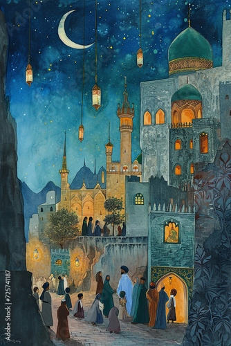 gouache childrens book illustration, islam mosque