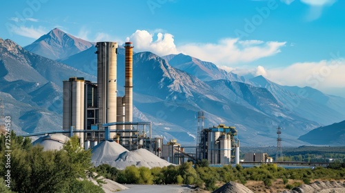 Big cement factory with rocky mountains background #725741583
