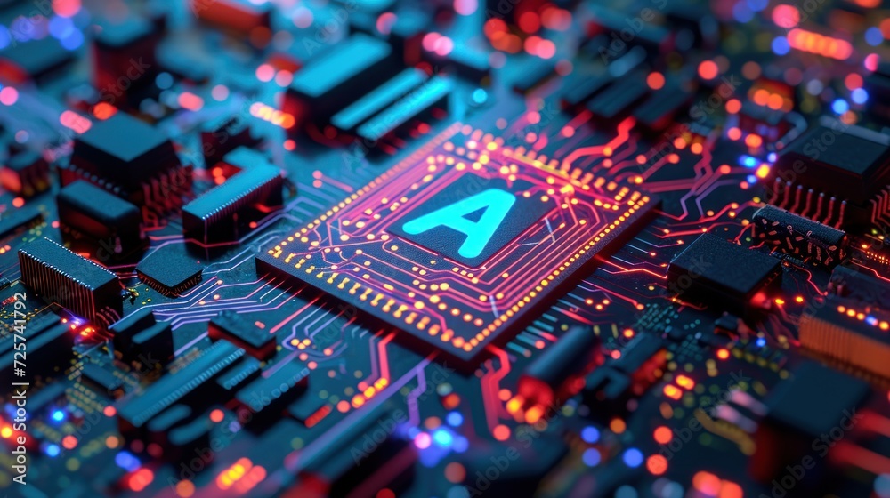 Advanced Microchip for Artificial Intelligence Training Acceleration. AI Letters on Colorful Computer Chip. Advanced Microchip for Artificial Intelligence Training Acceleration. AI Letters on Colorful Computer Chip.