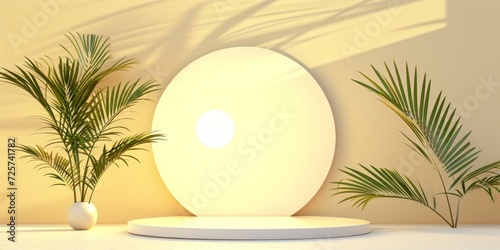Summer podium yellow stand platform background product display , empty 3d pedestal geometric stage scene or tropical mockup template showcase and natural beauty cosmetic studio on holiday backdrop © YuDwi Studio