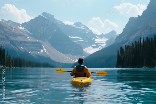 A male model enjoying a serene kayaking adventure in a crystal-clear lake Surrounded by majestic mountains