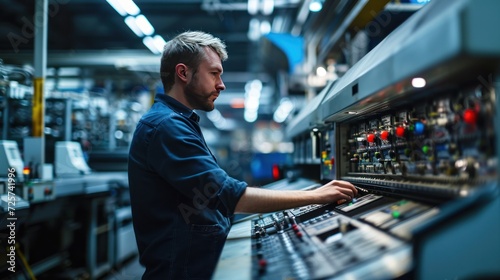 Technician standing on control panel in large printer