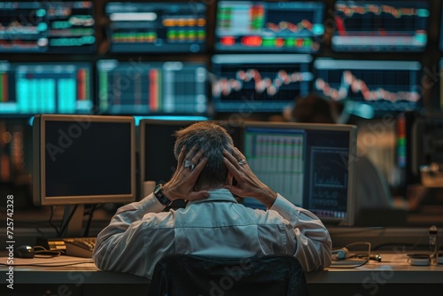 Stock trader, investor sitting in front of screen on table Disappointed because he lost the trade photo