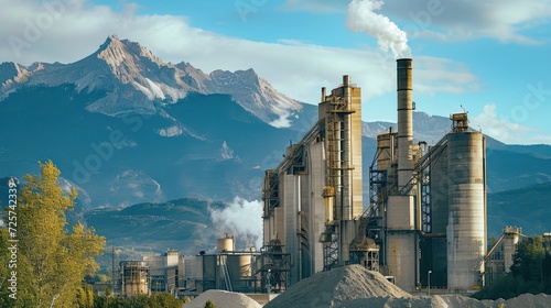 Big cement factory with rocky mountains background #725742339