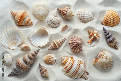 Seashells were scattered on the fine white sand.