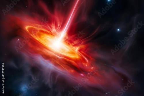 A panoramic view of a luminous quasar emitting radiant energy Set against the backdrop of a dark cosmic canvas