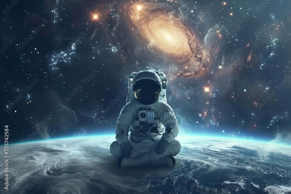 A serene depiction of an astronaut meditating in space With the earth and a cosmic nebula in the background A serene depiction of an astronaut meditating in space With the earth and a cosmic nebula in the background