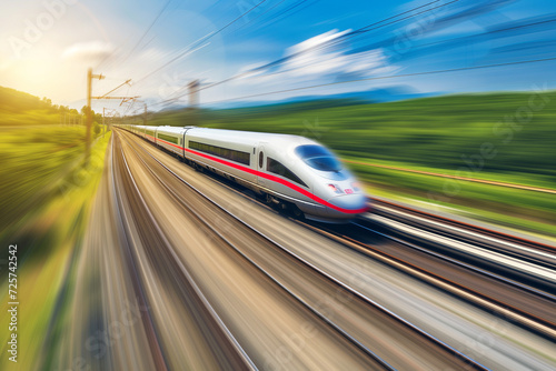 A high-speed bullet train zooming through a scenic countryside, blurring the background, illustrating speed, efficiency, and modern transportation