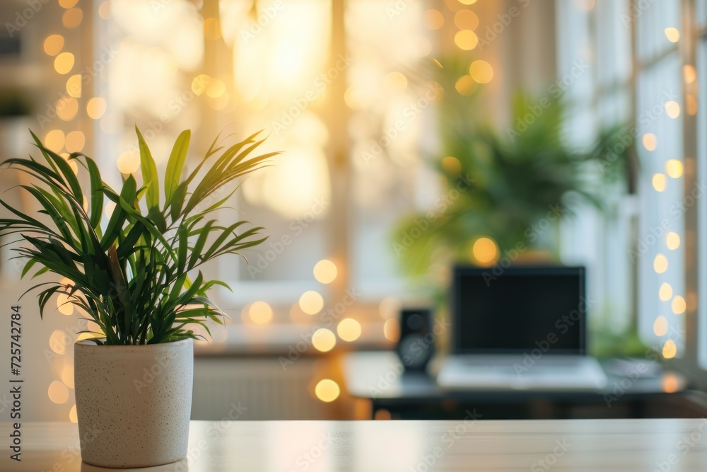 Nature of plants, leaves and chic tables In the background of a modern small office Nature of plants, leaves and chic tables In the background of a modern small office