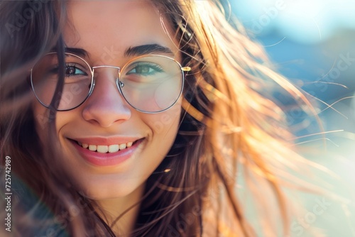 Close up photo of cheerful girl in glasses