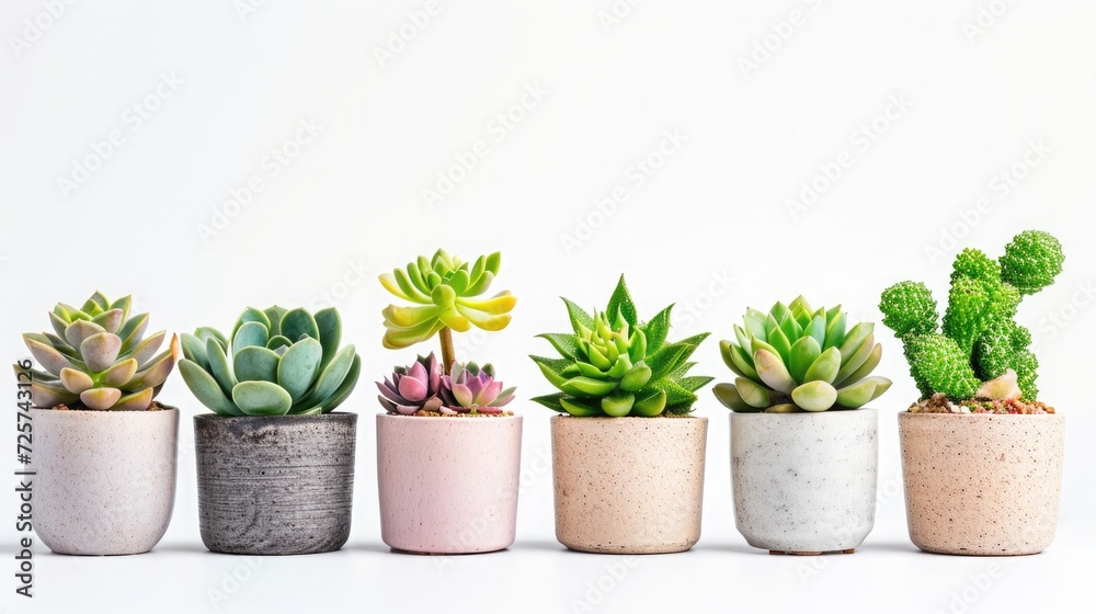 Fototapeta premium Assorted succulents in minimalist pots against a white background, emphasizing simplicity and green living