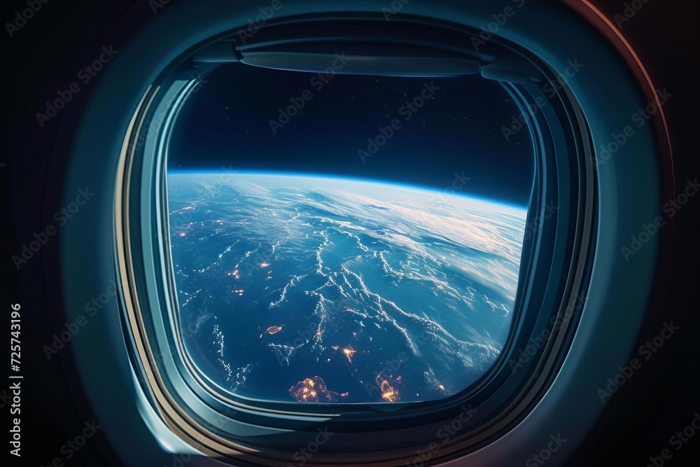 A view of a distant earth-like planet With a blue atmosphere and green continents From a spaceship window