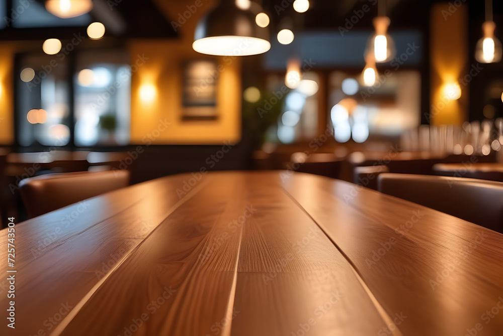 Rustic Wooden Table in Cozy Restaurant with Warm Atmosphere and Blurred Background