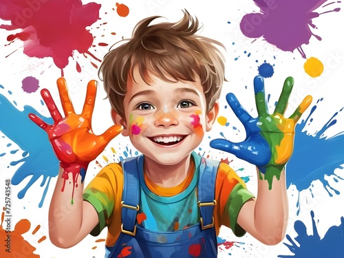 Cheerful little boy with hands covered in bright colorful paints smiling on creative messy background. Oil Painting. Generative AI