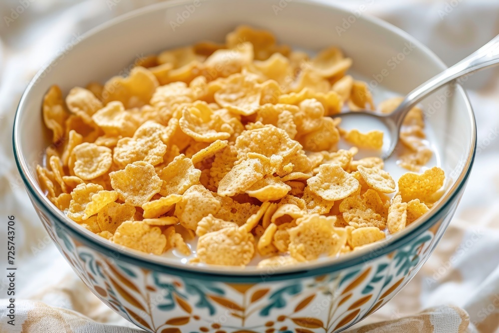 Cereal bowl full of milky cereal with a spoon. A delicious breakfast to start the day off right. Generative AI Cereal bowl full of milky cereal with a spoon. A delicious breakfast to start the day off right. Generative AI