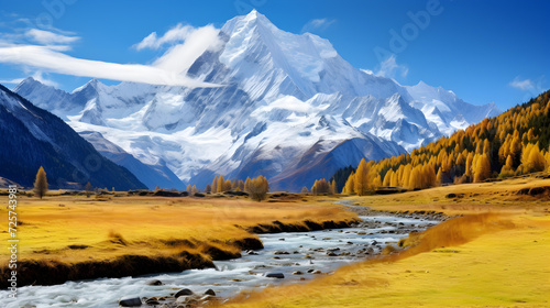 Idyllic Mountain Scenery in the Alps with Blooming Meadows in Springtime,,
Autumn mountain landscape with yellow larch trees and snowcapped peaks  photo