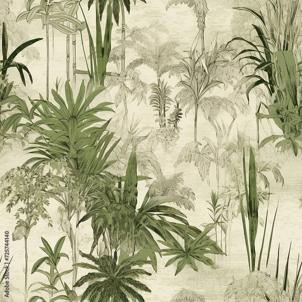 green and gray wallpaper featuring plants in various sizes, in the style of exotic landscapes
