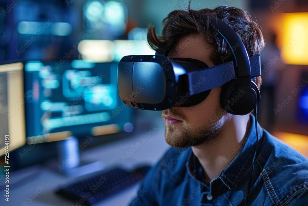 Male game developer coding a new virtual reality experience Male game developer coding a new virtual reality experience