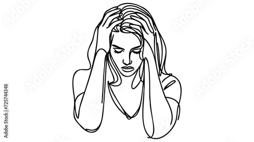 Continuous line drawing of woman think, holding her face in despair. One line woman in stress
