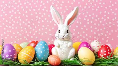 Bunny Sitting in Front of Row of Colorful Painted Eggs