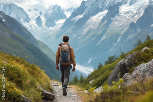 Man hiking on a mountain trail with a scenic view