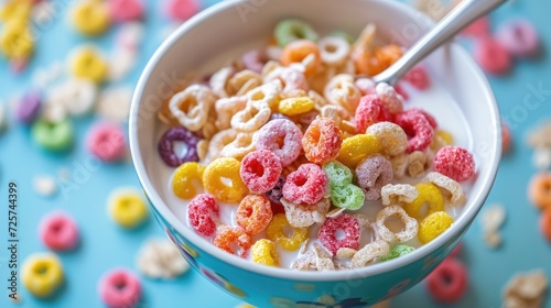 Cereal bowl full of milky cereal with a spoon. A delicious breakfast to start the day off right. Generative AI