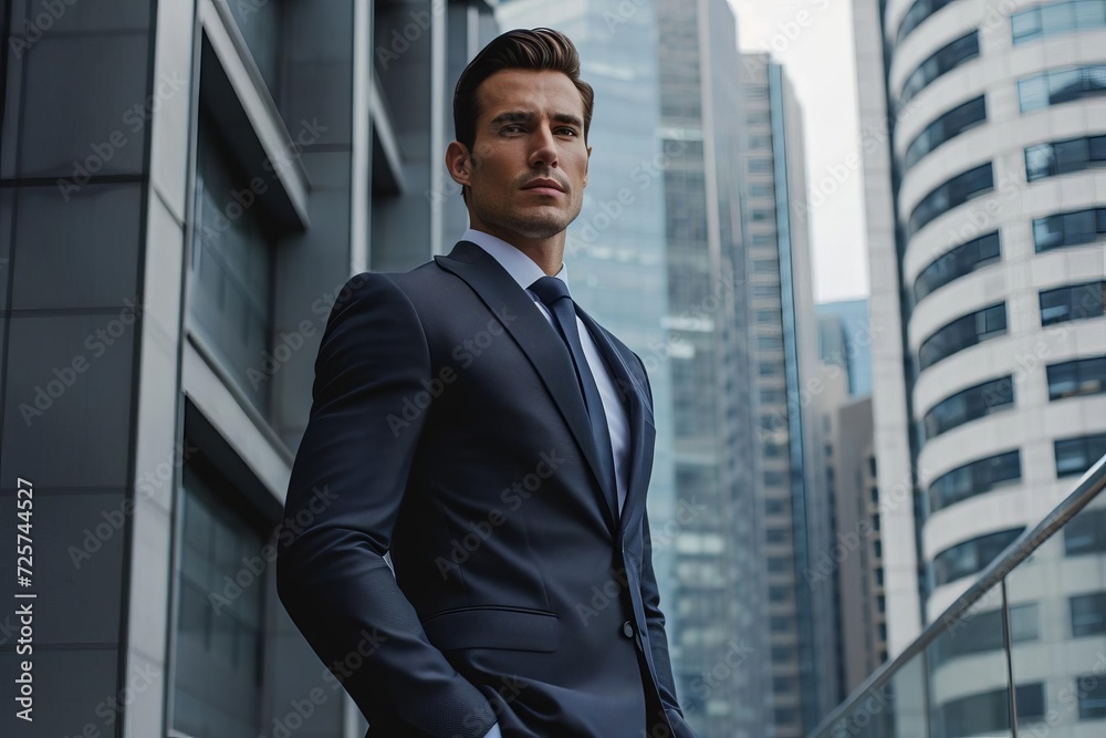 Sleek professional look Male model in a sharp suit in a high-rise office setting Sleek professional look Male model in a sharp suit in a high-rise office setting