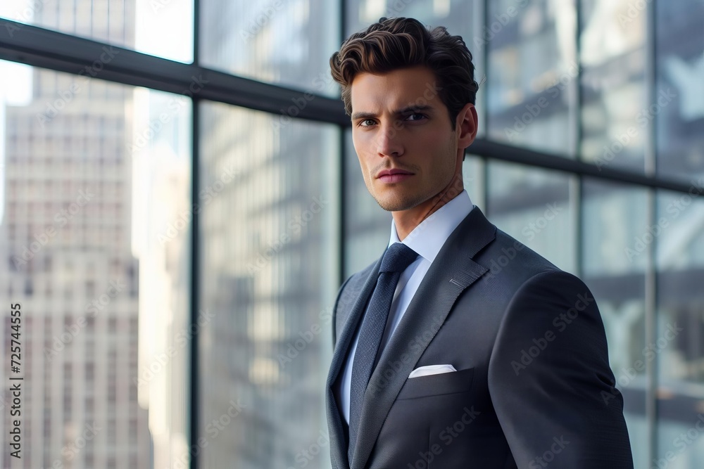 Sleek professional look Male model in a sharp suit in a high-rise office setting Sleek professional look Male model in a sharp suit in a high-rise office setting