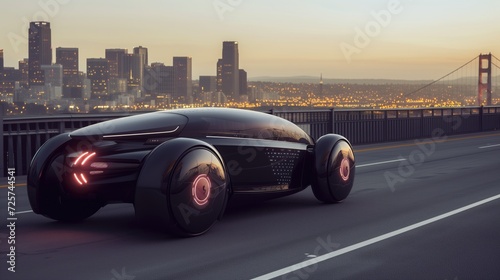 A futuristic car future speeds down the highway with a vibrant city skyline in the background