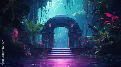 Mysterious door in the jungle. Neon colored scene with magic portal in the woods. Magic gate