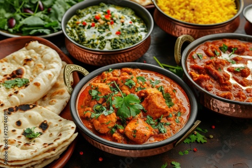Assorted indian food on dark wooden background