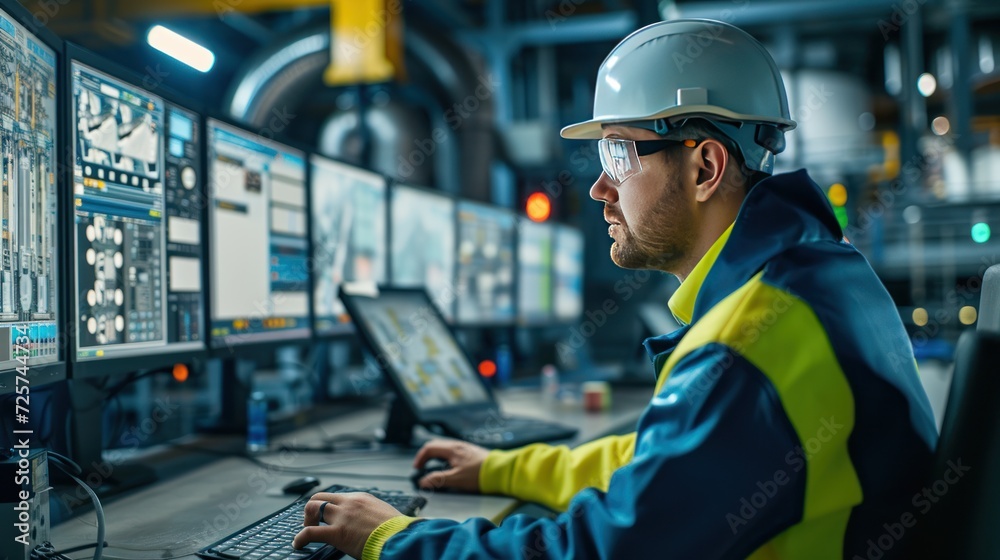 Engineer sitting in a control room of a factory and working on several computers Engineer sitting in a control room of a factory and working on several computers