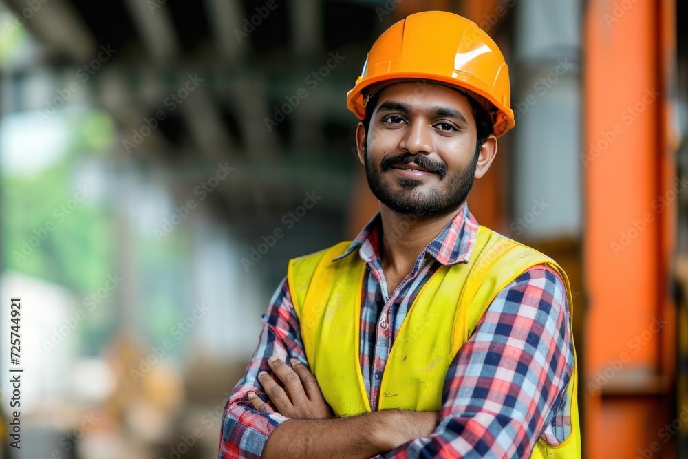 Handsome Indian engineer wearing safety vest and hard hat smile with crossed arms Handsome Indian engineer wearing safety vest and hard hat smile with crossed arms