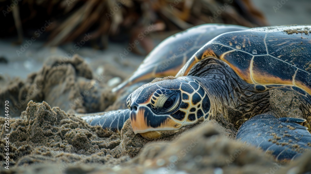 Sea turtles are laying eggs on the beach. Sea turtles are laying eggs on the beach.
