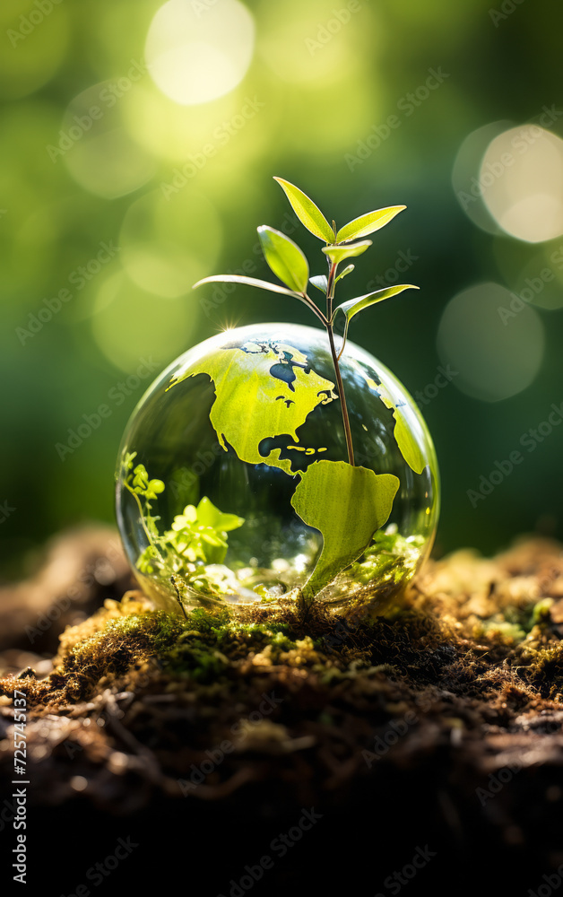 Glass globe nestled in forest setting with young plant sprouting, embodying Earth Day's conservation message Glass globe nestled in forest setting with young plant sprouting, embodying Earth Day's conservation message