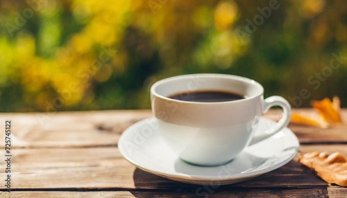cup of coffee on a wooden table on a autumn blurred background outdoor copy space coffee in cafe