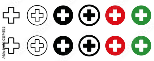 Health care red cross sign set. First aid vector isolated icons. Medicine health hospital signs collection. Emergency medicine symbols concept. photo