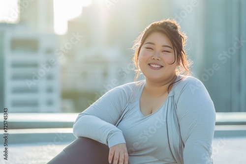 Free Download Happy Asian plus size woman exercising and relaxing in comfortable sportswear. - GFXLoad
