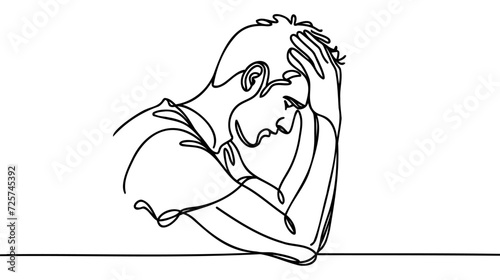 Continuous line drawings of man feeling sad, tired and worried about suffering from depression in mental health.