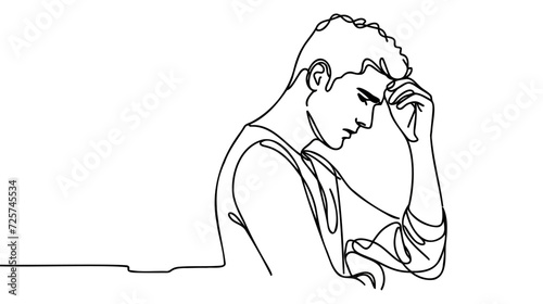 Continuous line drawings of man feeling sad, tired and worried about suffering from depression in mental health.
