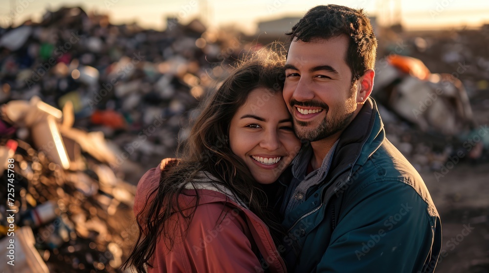 Couple smiling at camera against trash pile background Couple smiling at camera against trash pile background