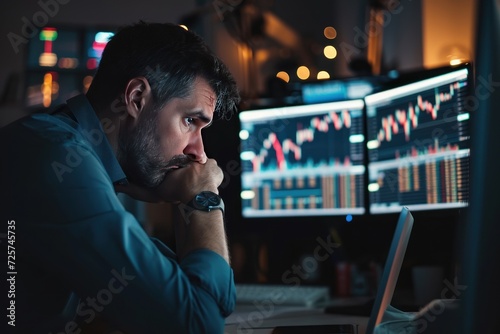 Stock trader, investor sitting in front of screen on table Disappointed because he lost the trade photo