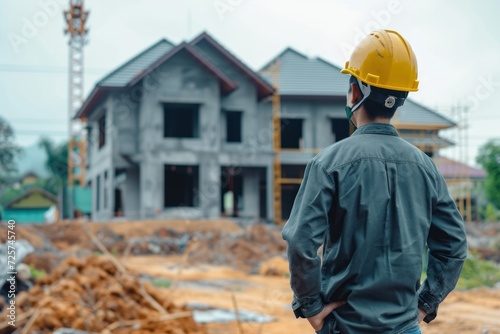 Construction supervisory engineer standing in a helmet against the background of a house under construction.