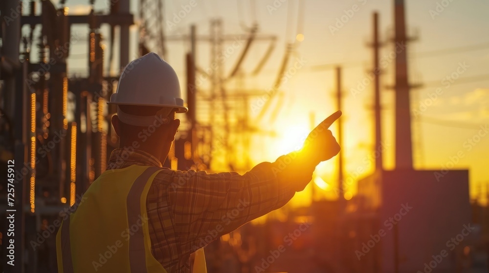 Blue collar worker points towards sun setting over power distribution center with white collar worker looking the same direction.