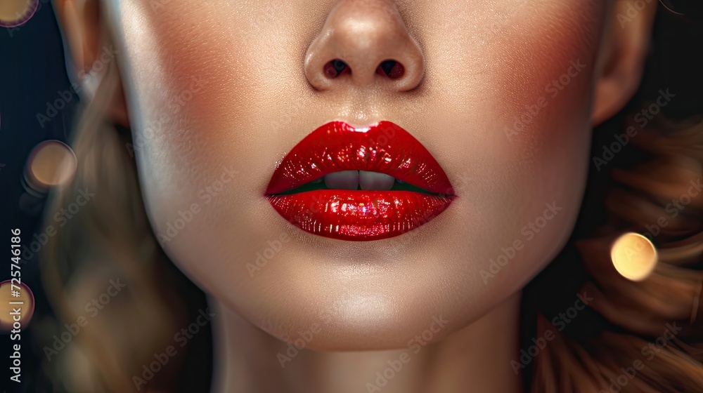 Obraz premium Beautiful red lips close-up. Beauty, cosmetics, makeup and skincare